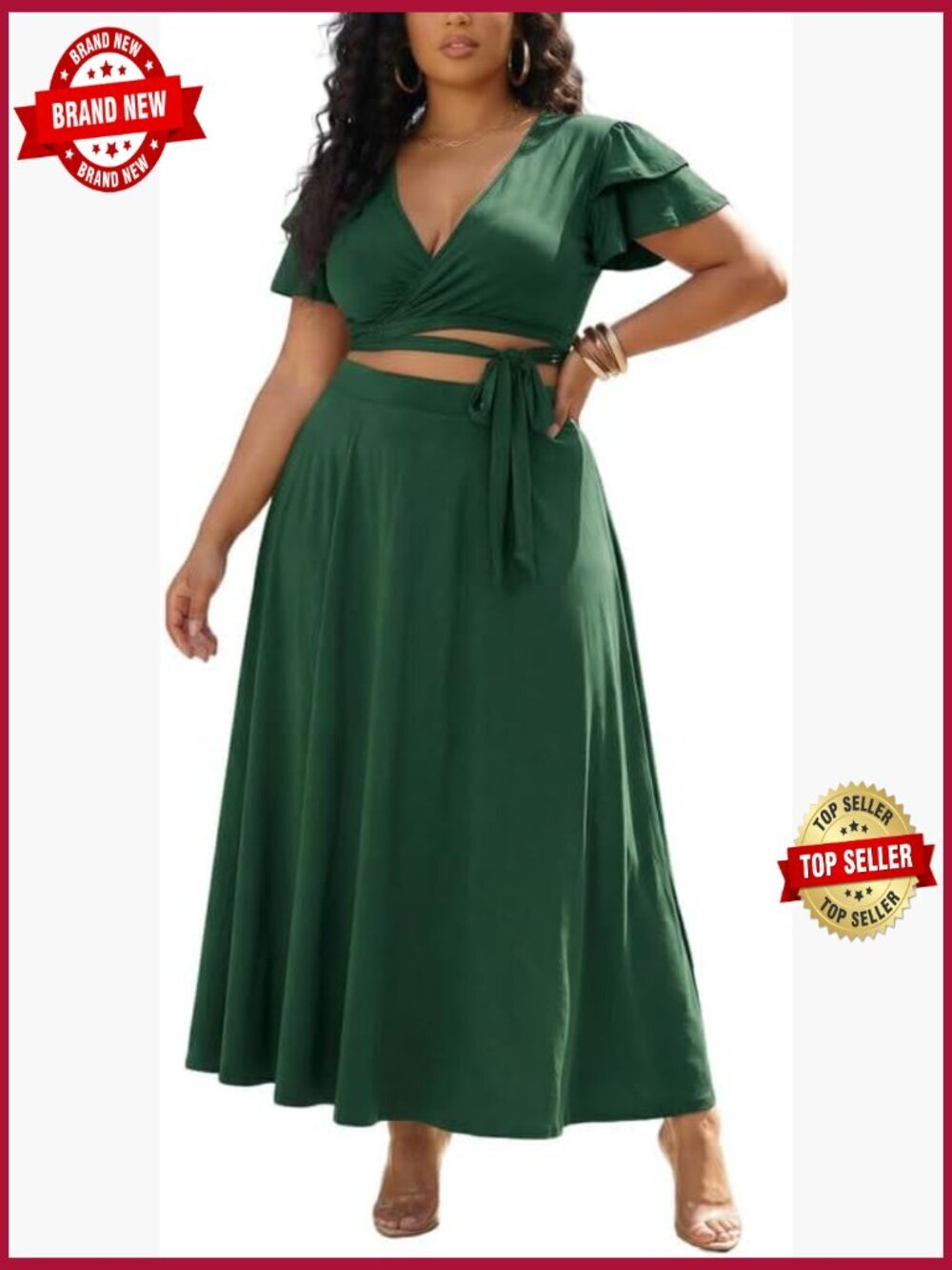 Plus Size 2 Piece Skirt Set V-Neck Peplum Top & Maxi Skirt Summer Travel Outfit
